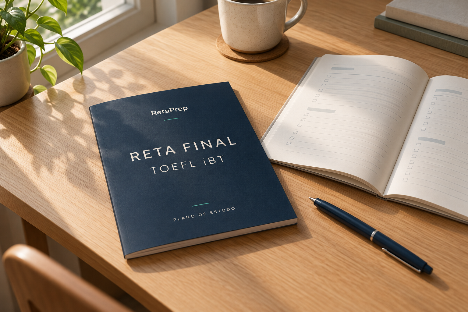 Apresentação visual do plano RetaPrep em uma cartilha e um caderno de estudo sobre a mesa